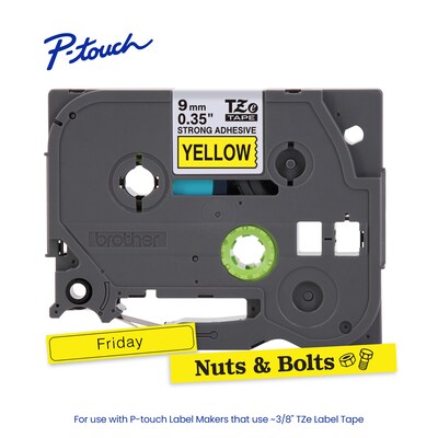 Brother P-touch Strong Adhesive Laminated Label Tape, ~3/8" x 26.2', Black on Yellow (TZES621)