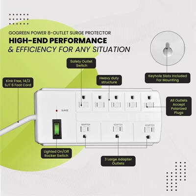 GoGreen Power 6' Surge Protector, 8 Outlet, White (GG-18316WH)