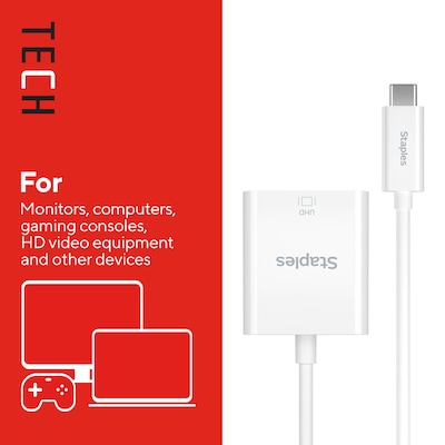 Staples TECH USB-C to HDMI Adapter – Audio/Video Converter for Monitors, TVs & Projectors, Male-to-Female, White