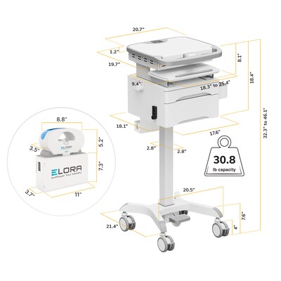 Mount-It! MedHub Powered Height-Adjustable Mobile Cart Workstation with Drawers & Built-In Power Strip, White/Gray (MI-16057)