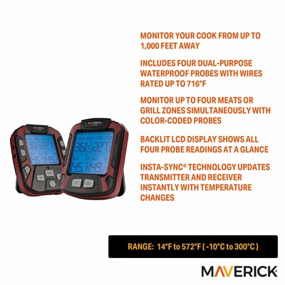 Maverick Stainless Steel Extended-Range Professional Wireless Thermometer with 4 Probes, Red/Black (XR-50R)