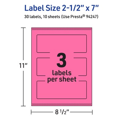 Avery Laser/Inkjet Rectangle Multipurpose Labels, 2.5" x 7", Bright Pink, 30/Pack (94247)