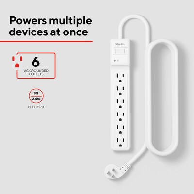 Staples TECH 6-Outlet Surge Protector, 8, 1800 Joules, White (ST62767)