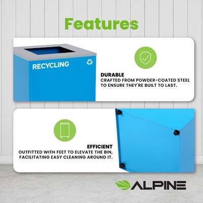 Alpine Industries Steel Open Top Recycling and Trash Can Set with Square Lid, 29 Gallon, Black/Blue, 2/Pack (ALP4450-BLK-KIT1)