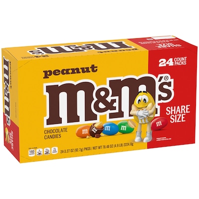 M&Ms Sharing Size Peanut Milk Chocolate Pieces, 3.27 oz., 24 Bags/Box (MMM04432)