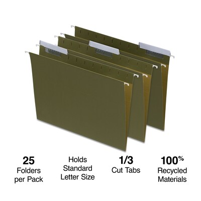 Staples® 95% Recycled Hanging File Folders, 1/3-Cut Tab, Letter Size, Standard Green, 25/Box (ST1168