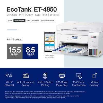 Epson EcoTank ET-4850-W Wireless Color Inkjet Printer, All-In-One Supertank, Print, Scan, Copy, Fax (9472545)