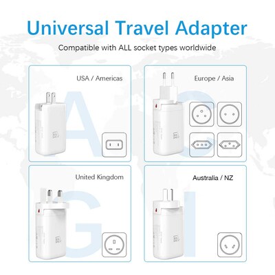 LAX USB PD 65W Wall Charger with 2 USB-C, 1 USB-A and Travel Pouch, White (PD65INT)