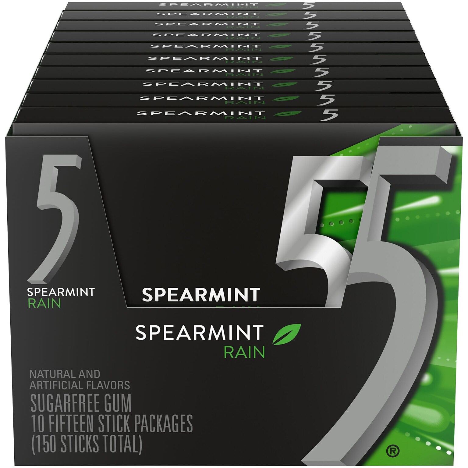 5 Gum Sugar Free Spearmint Rain Gum, 15 Pieces/Pack, 10 Packs/Box (WMW51404)