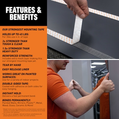 Gorilla Max Strength Indoor Double-Sided Mounting Tape, 1" x 1.67 yds., Black (112962)