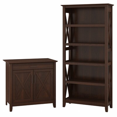 Bush Furniture Key West Laptop Storage Desk Credenza with 5 Shelf Bookcase, Bing Cherry (KWS012BC)