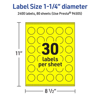 Avery Laser/Inkjet Round Multipurpose Labels, 1.25" Dia., Neon Yellow, 2400/Box (94505)