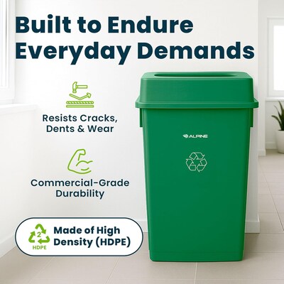 Alpine Industries Polypropylene Recycling Bin with Lid and Dolly, 23 Gallon, Green (ALP477-GRN1-PKD)