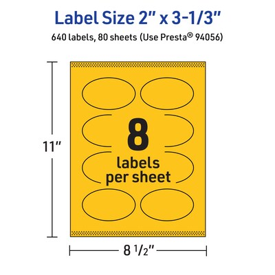 Avery Laser/Inkjet Oval Multipurpose Labels, 2" x 3-1/3", Bright Yellow, 640/Box (94056)