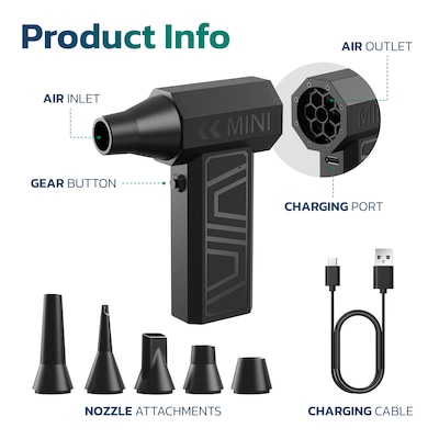 Purely D40 Portable Wireless Air Duster - 105,000 RPM High-Speed Handheld Dust Blower with 5 Nozzles, Black (PKBAD40)