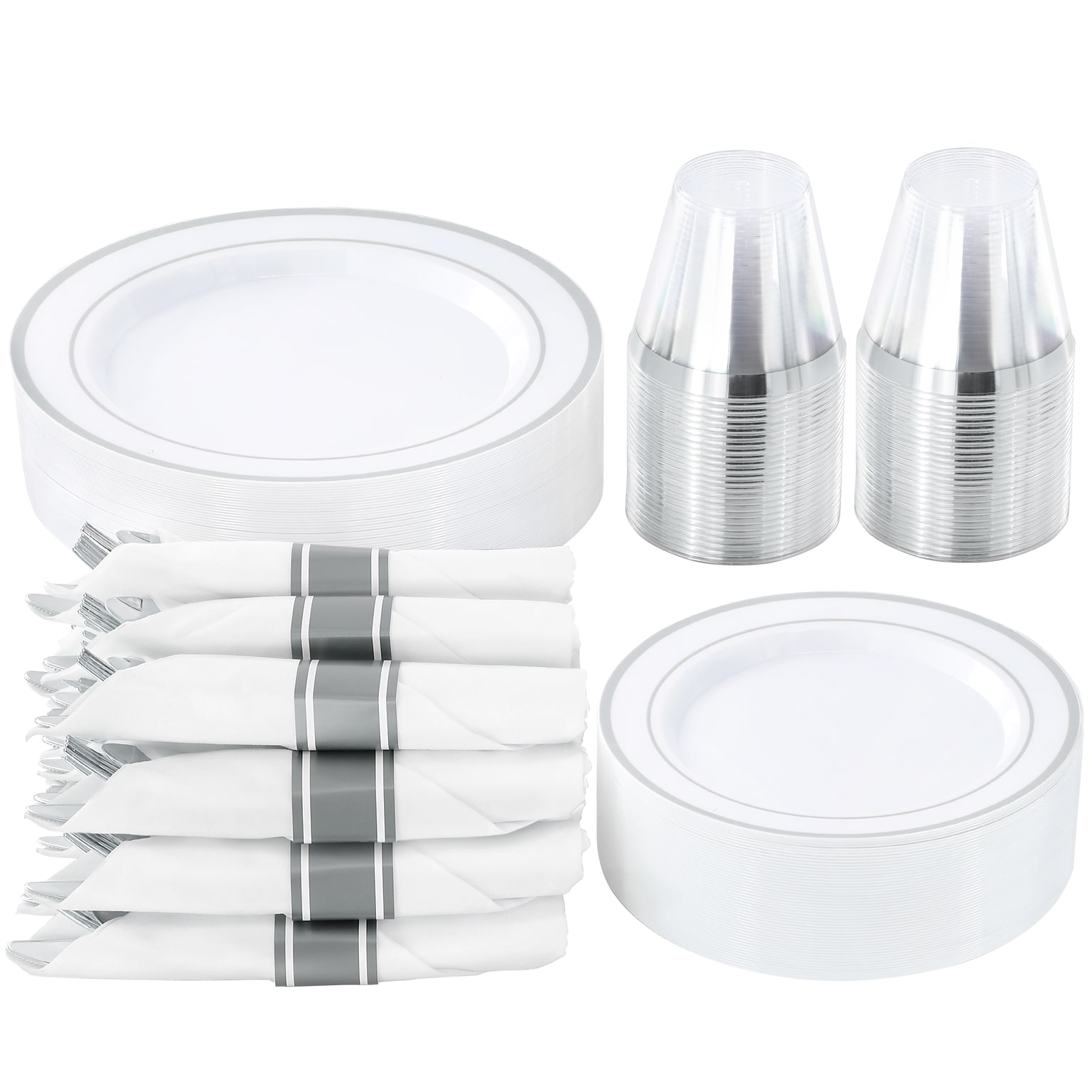 Round Elama Plastic Dinnerware Set, White/Silver, 350 Piece (935123347M)