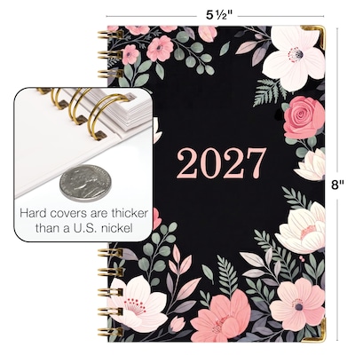 2027 Excello Brands 6" x 8" Weekly & Monthly Standard Planner, Paperboard Cover, Black Floral Pink (FSHN-CY27-58-06)