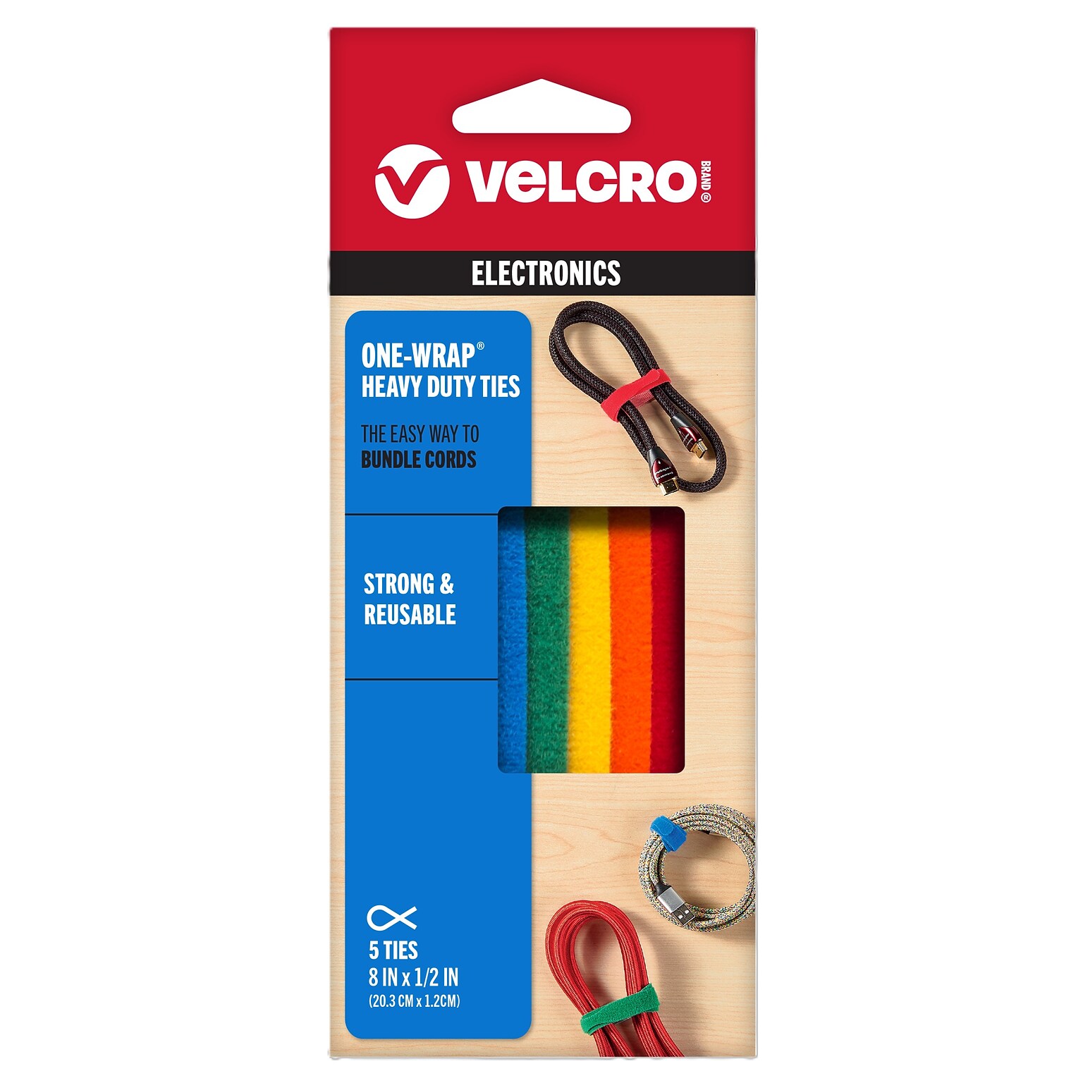 Velcro ONE-WRAP Hook and Loop Straps Fastener, 0.5 x 8, Multicolor, 5/Pack(90438)