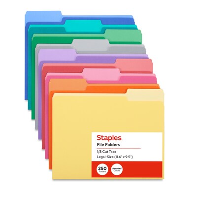 Staples File Folders, Letter Size, 1/3-Cut Tabs, Assorted Positions, Assorted Colors, Heavy-Duty Paper Stock, 250/Pack