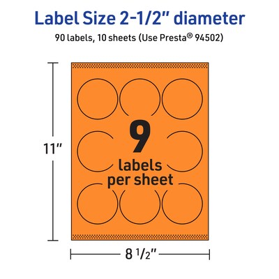 Avery Laser/Inkjet Multipurpose Circle Labels, 2.5" Dia., Bright Orange, 90/Pack (94502)