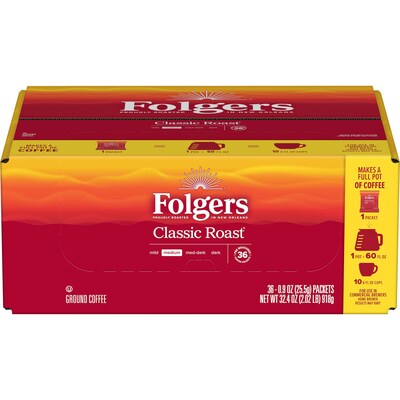 Folgers Classic Roast Ground Coffee Fraction Pack, Medium Roast, 0.9 oz., 36/Carton (SMU06125)
