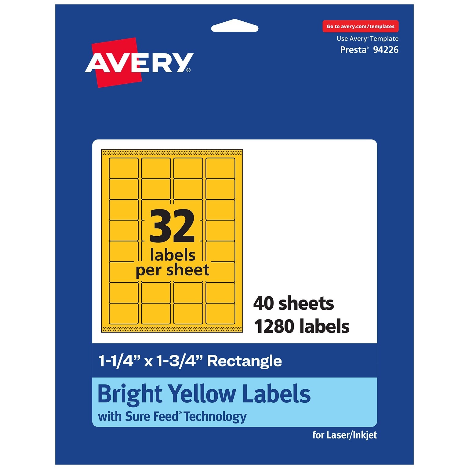 Avery Laser/Inkjet Rectangle Multipurpose Labels, 1.25 x 1.75, Bright Yellow, 1280/Pack (94226)