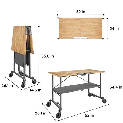 Cosco SmartFold Butcher Block Portable Workbench/Folding Utility Table w/ Locking Casters, 700 lb. Capacity, Brown (66765DKG1E)