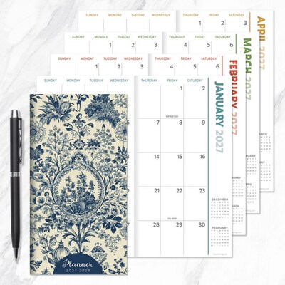 2027 TF Publishing Blue Toile 3.5" x 6.5"  Monthly Standard Planner, Paperboard Cover, Multicolored (27-7006)