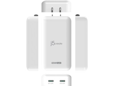 j5create 65W USB-C 2-Port GaN PD Charger, White (JUP2465)