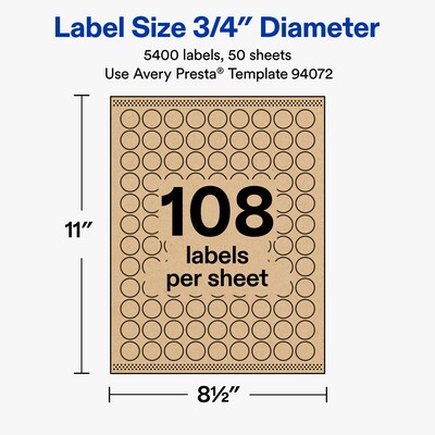 Avery Round Laser/Inkjet Multipurpose Labels, Kraft Brown, 108 Labels/Sheet, 50 Sheets/Pack (19479311157)