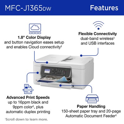 Brother INKvestment MFC-J1365DW Wireless Color All-In-One Inkjet Printer, Best for Home Office