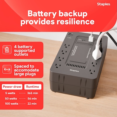 Staples TECH 650VA 8-Outlet Battery Back-Up & Surge Protector Standby UPS, Black (ST62784)