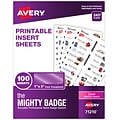 Avery The Mighty Badge Laser Printable Insert Sheets, 1 x 3, Clear, 20 Inserts/Sheet, 5 Sheets/Pac