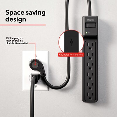 Staples TECH 6-Outlet Surge Protector, 4', 1800 Joules, Black (ST62766)