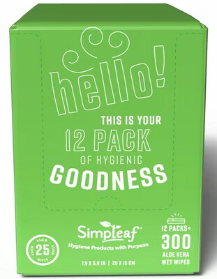 Simpleaf Aloe Vera Scented Flushable Wipes, 25 Single Wipes/Pack, 12 Packs/Box (S-001-12pack)