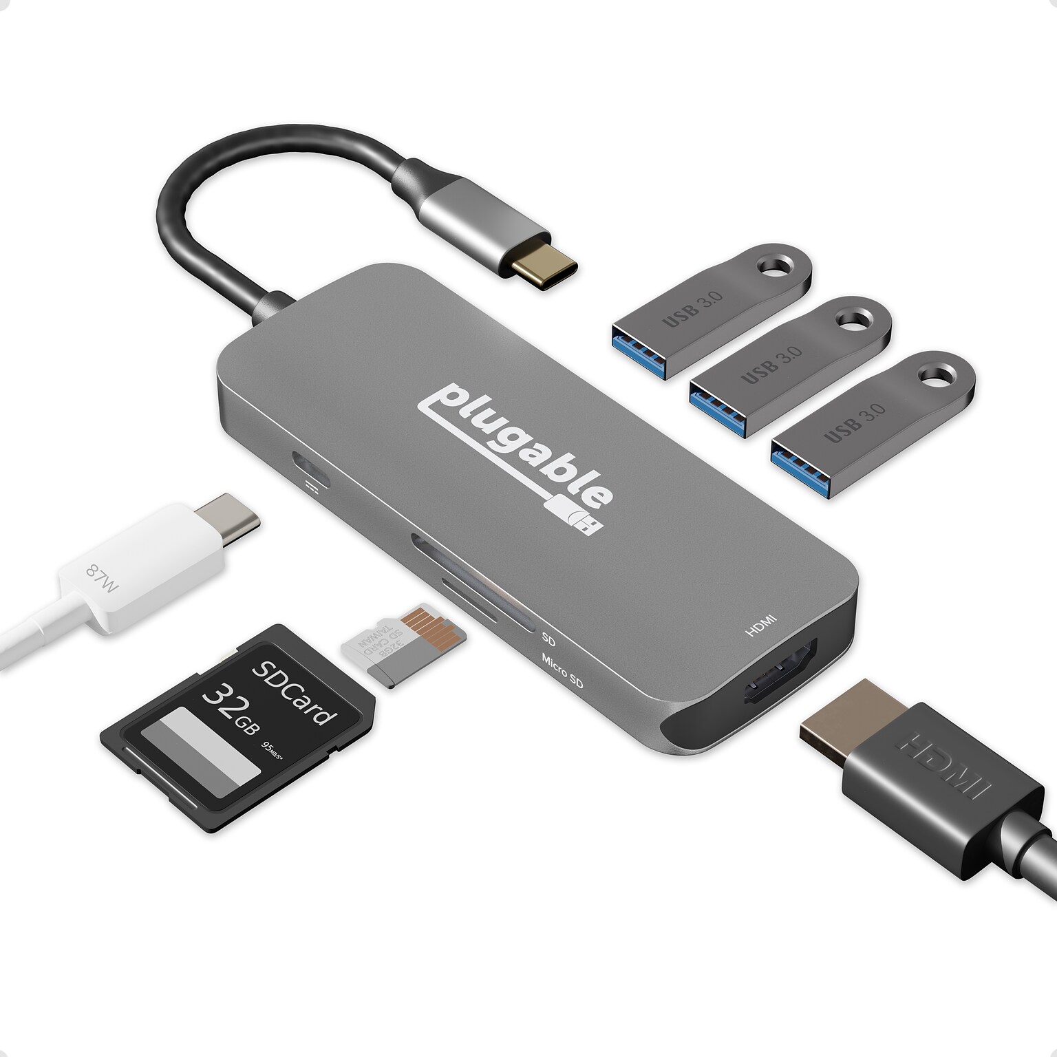 Plugable USB C Hub Multiport Adapter, 7-in-1 Hub, 87W Charging (USBC-7IN1)