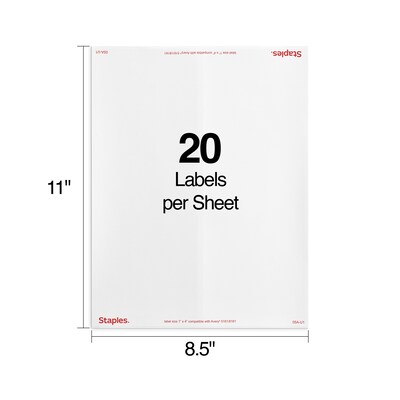 Staples® Laser/Inkjet Address Labels, 1" x 4", Bright White, 20 Labels/Sheet, 250 Sheets/Box, 5000 Labels/Box (ST18064-CC)