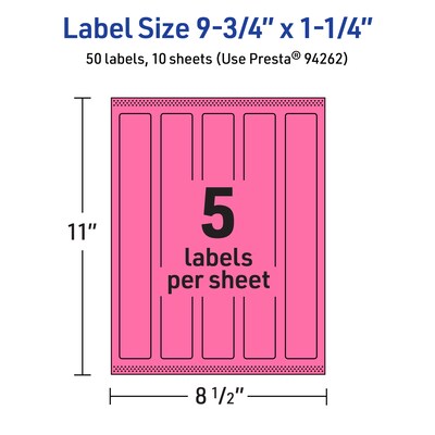 Avery Laser/Inkjet Rectangle Multipurpose Labels, 9.75" x 1.25", Bright Pink, 50/Pack (94262)