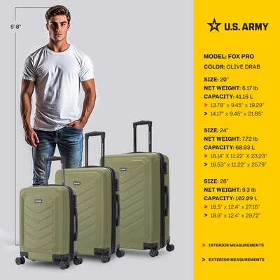 US Army FOX PRO 3-Piece Hardside Spinner Carry-On Luggage Set, TSA Checkpoint Friendly, OLIVE DRAB (USLFPROSML-GRN)