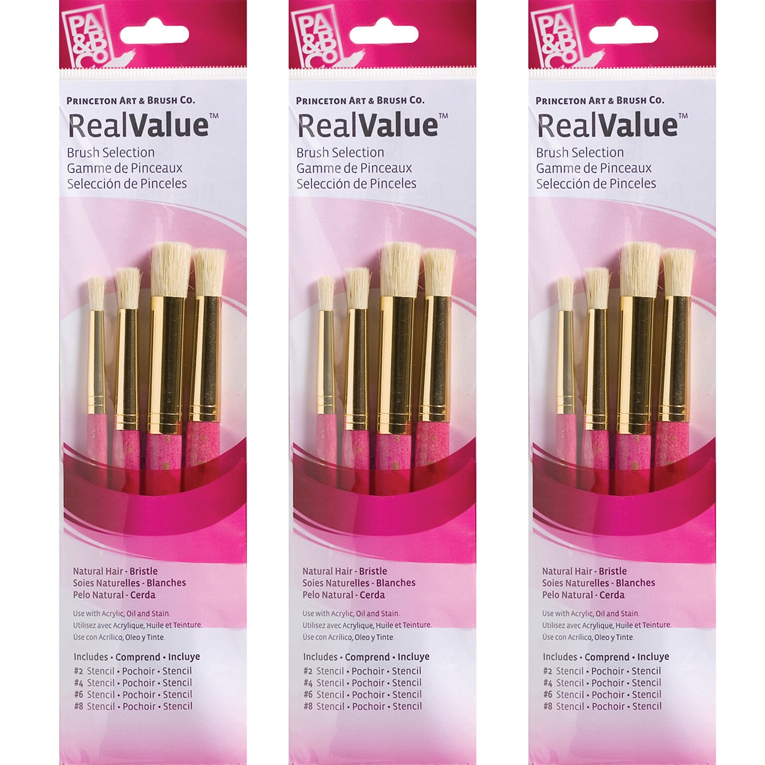 Princeton RealValue Short Handle Mixed Media Natural Variety Brush Set, 4/Set, 3 Sets/Bundle (PBXPR9180-3)