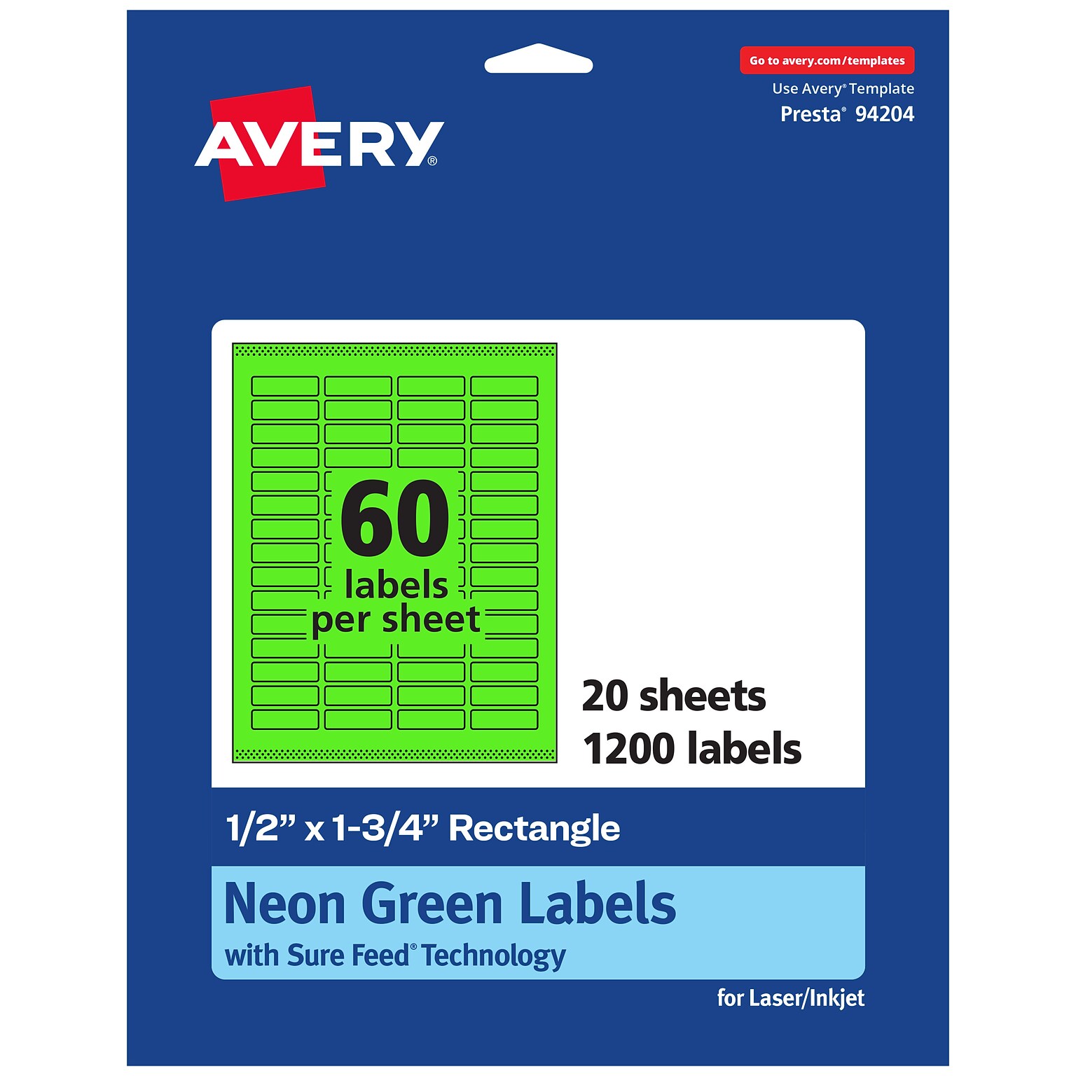 Avery Laser/Inkjet Multipurpose Rectangle Labels, 0.5 x 1.75, Neon Green, 1200/Pack (94204)