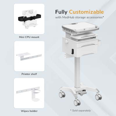 Mount-It! MedHub Powered Height-Adjustable Mobile Cart Workstation with Drawers & Built-In Power Strip, White/Gray (MI-16057)