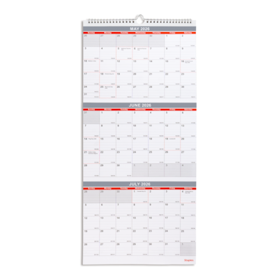 2026 Staples 12 x 27 Three-Month Wall Calendar, White/Red/Gray (ST53920-26)