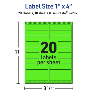 Avery Laser/Inkjet Multipurpose Rectangle Labels, 1" x 4", Neon Green, 200/Pack (94202)