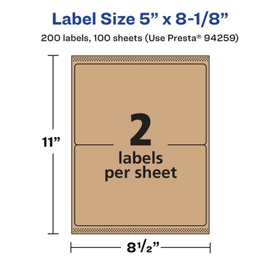 Avery Laser/Inkjet Rectangle Multipurpose Labels, 5" x 8-1/8", Kraft Brown, 200 Labels/Box ( 94259)
