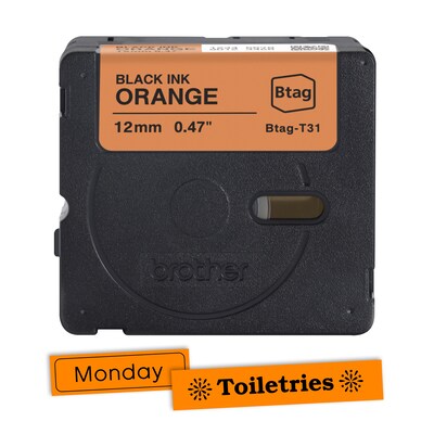 Brother P-touch Btag Label Tape, 1/2" x 13.1' (12mm x 4m), Black on Orange (BTAGT31)