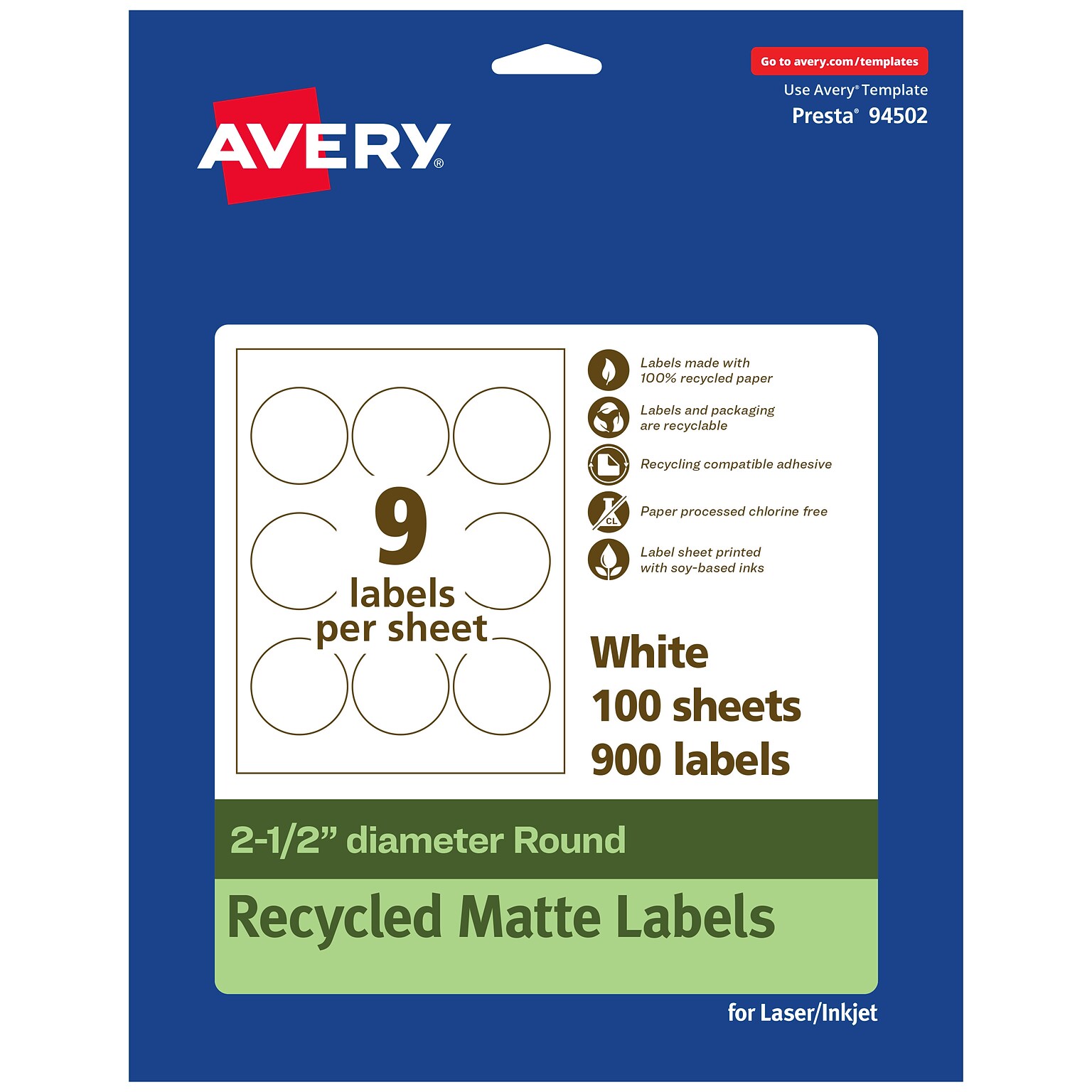 Avery EcoFriendly Round Labels, 2-1/2 diameter, Matte White, Laser/Inkjet, 900 Labels/Pack (93597)