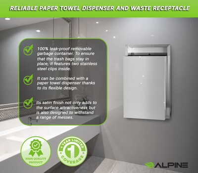 Alpine Industries Metal Indoor Trash Can, 12 Gallon, Stainless Steel (493)