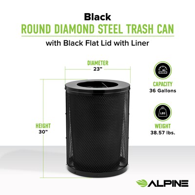Alpine Industries 4460 Steel Mesh Trash Can with Flat Lid, 36 Gallon, Black (ALP4460-01-A)
