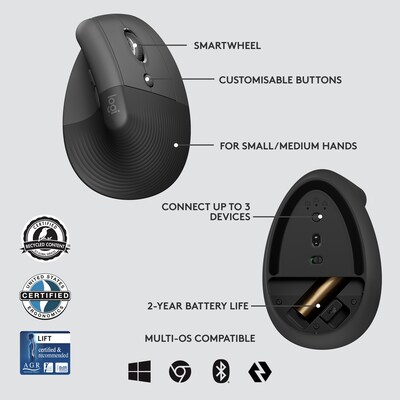 Logitech Lift for Business Wireless Vertical Ergonomic Mouse, Graphite (910-006491)